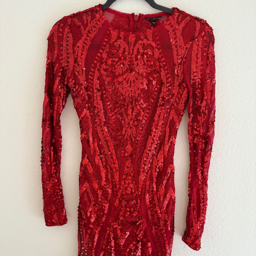 GUESS Red Sequin Bodycon Mini Dress – XS | Long Sleeve Party Dress